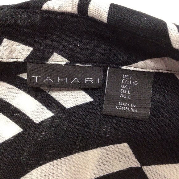 Tahari Shirt Womens Black White Print Linen Blend Button Up Blouse Top Sz Large - Picture 6 of 10